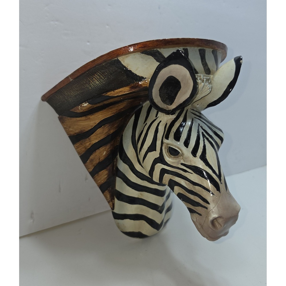 Vintage Zebra Head Wall Shelf Safari Decor Hand Painted Animal Bust Ledge